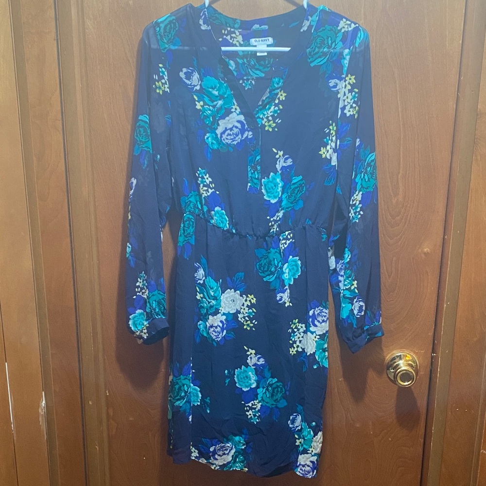 Blue and Green Floral Long Sleeve 2 Pc. Knee Length Small P Dress Fall